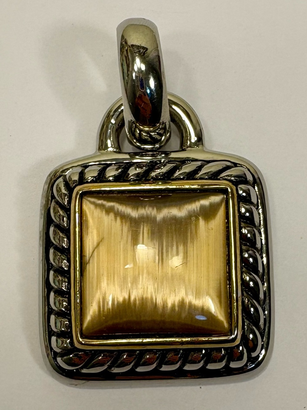 Rectangle Silver Cable Necklace Pendant w/ Silky Gold-Tone Stone & Golden Border